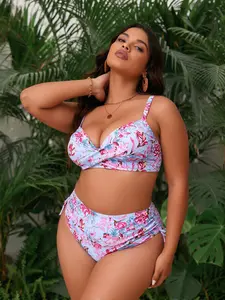 Women's Plus Size Blue Floral Bikini Set Twist Front High Waisted Side Tie Swimwear