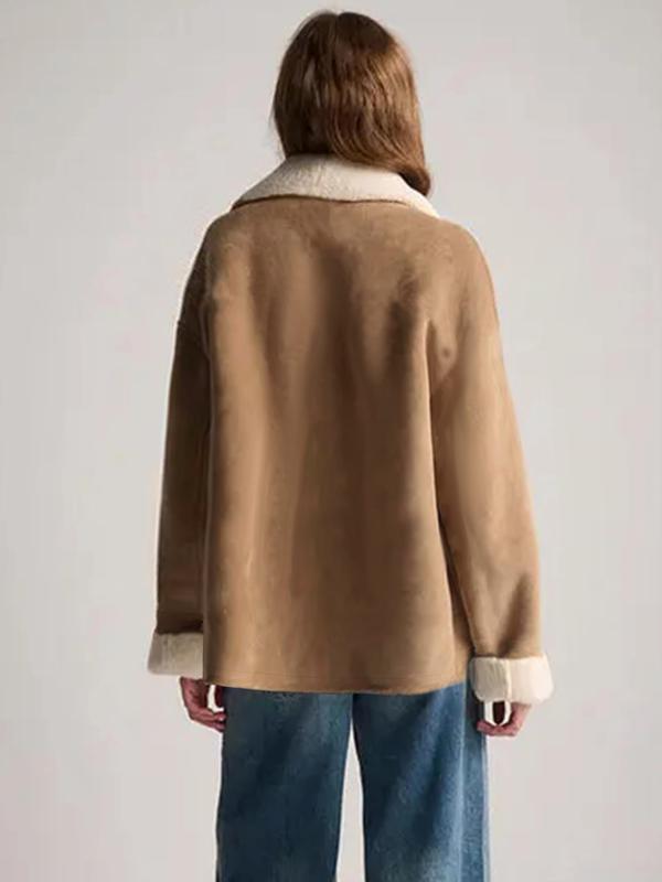 Aswulk Women's western denim retro lambskin patchwork warm suede jacket with pockets Aswulk Women's western denim retro lambskin patchwork warm suede jacket with pockets