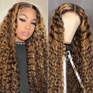 13x6 Highlight Ombre Deep Wave Curly Lace Front Wigs Human Hair 28 Inch Honey Blonde Deep Curly Wig HD Transparent Lace Frontal Wigs Pre Plucked 180 Density Human Hair for Women