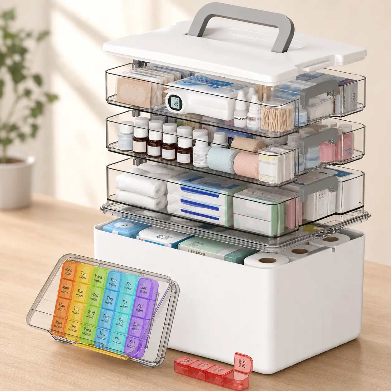 Lifewit Rectangular Household Box Organiser with Handle, 7.1" Bottle-Fitting Compartment, Extra-Tall Storage for First Aid, Vitamins, Bathroom & Beauty Essentials