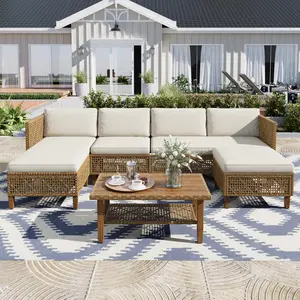 PHI VILLA Outdoor Wicker Patio Conversation Furniture Set with Acacia Wood Coffee Table Includes Patio Table and Storage Sofa Lounge Classic Durable Rattan Style, Christmas Gift
