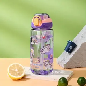 Cartoon Pattern Water Bottle, 1 Piece Cute Leakproof Water Bottle with Straw & Bouncing Cover, Summer Cool Bottle Drinking Cup for Outdoor Camping & Sports, Drinkware, Tumbler with Lid, Clear Water Tumblers