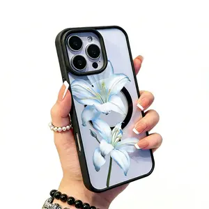 Chic Magnetic Case for iPhone11/12/13/14/15/16/promax Blue Lilies MagSafe Ready, Anti-Slip, Ultra Thin |   Aesthetic Touch for Daily Use
