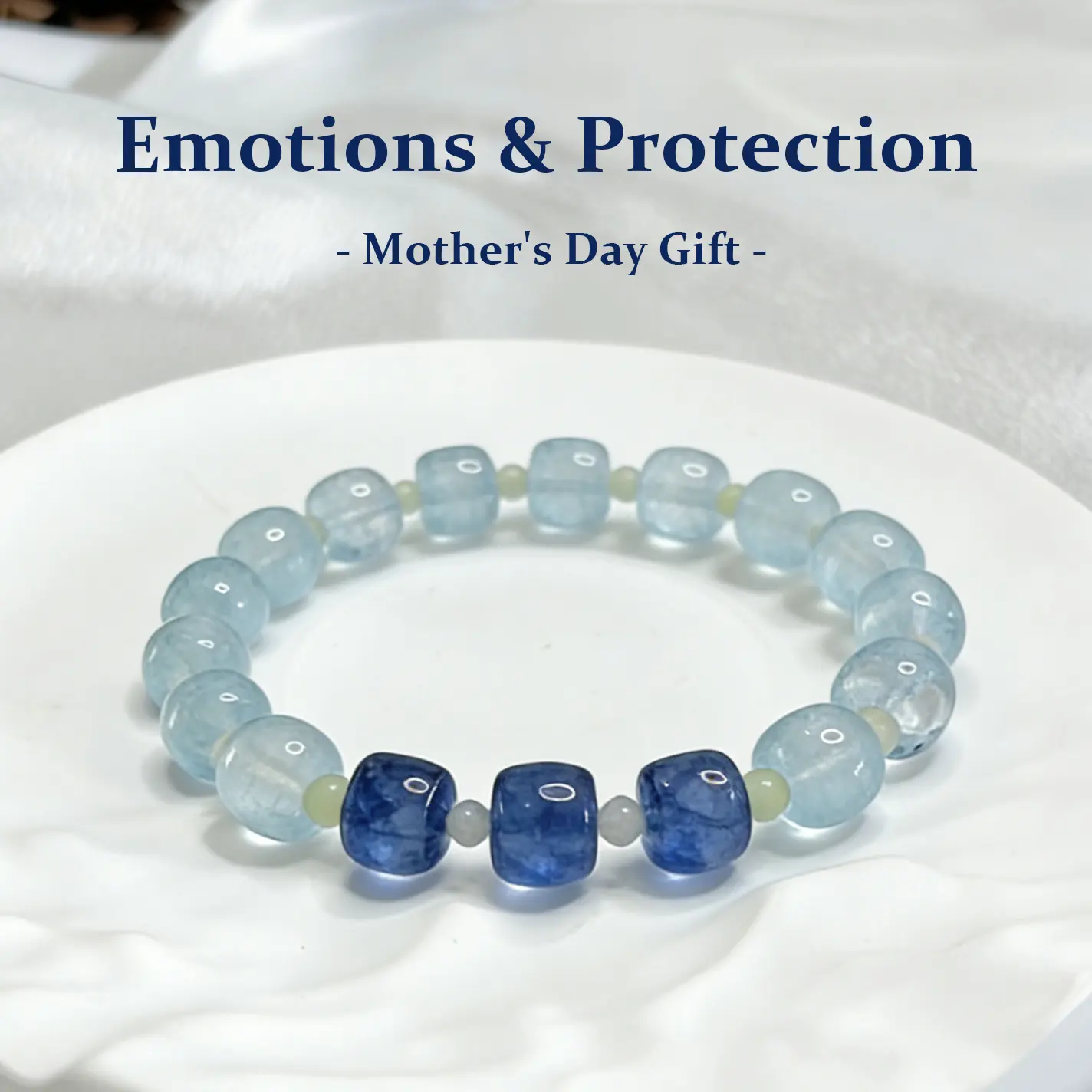 Natural Stone Ocean Themed Square Natural Ice-Transparent Blue Crystal Healing Bracelet (18cm/7.08inch) - Soothing, Stress-Relieving, Anxiety-Reducing, Mood-Stabilizing, Unisex March Birthstone Fashion Accessory for Adults