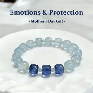 Natural Ice-Transparent Blue Crystal Healing Bracelet, Soothing & Stress-Relieving, Helps Reduce Anxiety & Stabilize Mood, Versatile Fashion Accessories for Daily Wear, Unisex, March Birthstone, Gift for Mother's Day / Teacher's Day / Nurses' Day