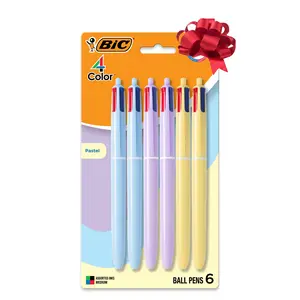 BIC 4-Color Pastel Barrel Multicolor Ballpoint Pens, Long-Lasting Ink and 1.0 mm Medium Point, 6-Count Pack in Black, Blue, Red and Green Ink