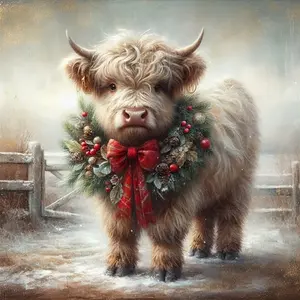 5D DIY Highland Cow with Beautiful Wreath in Winter Diamond Art Painting Kit, Adult Handicraft Entertainment Supplies Crafts, Desktop Ornament Wall Hanging Furniture Decor Gift
