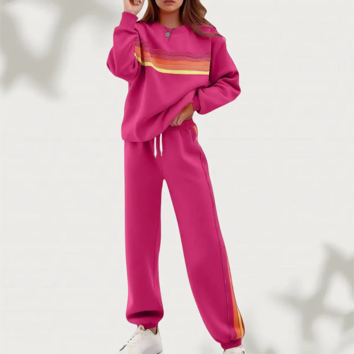 Women's Long Sleeve Casual Fall Dopamine Color-Block Rainbow Stripe Lounge Set, Homewear Loungewear Check Casual Womenswear