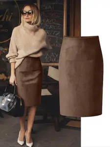 Women's Plain Solid Suede Velvet Bodycon Knee-Length Skirt, Fashionable Simple Elegant and Comfortable, Perfect for Daily Commuting and Versatile Wear