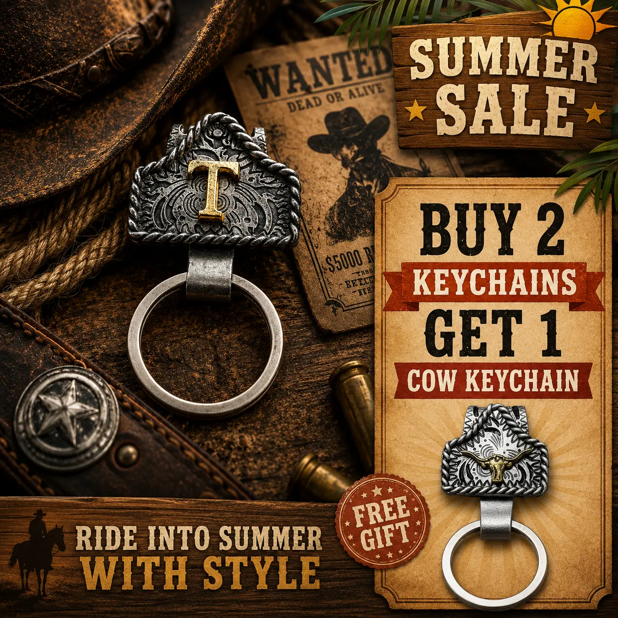 Handmade Cow Tag Belt Key Holder with Copper Initial – Custom Western Keychain for Men & Women, Texas-Inspired Cowboy Keychain, Fashion Accessory for Bags, Keys & Gifts