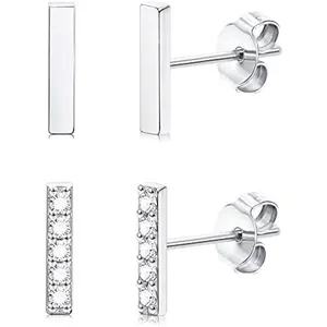 Fansilver Tiny Bar Stud Earrings for Women Men CZ Bar Earrings Set Rectangle Line Earrings Huggie Cartilage