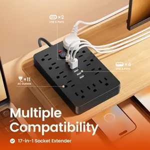 Surge Protector Power Strip 10 Ft Flat Extension Cord Black, 11AC Outlets, 4 USB and 2 USB C Ports, Chiefway Outlet Extender, Portable for Home Office Dorm Travel
