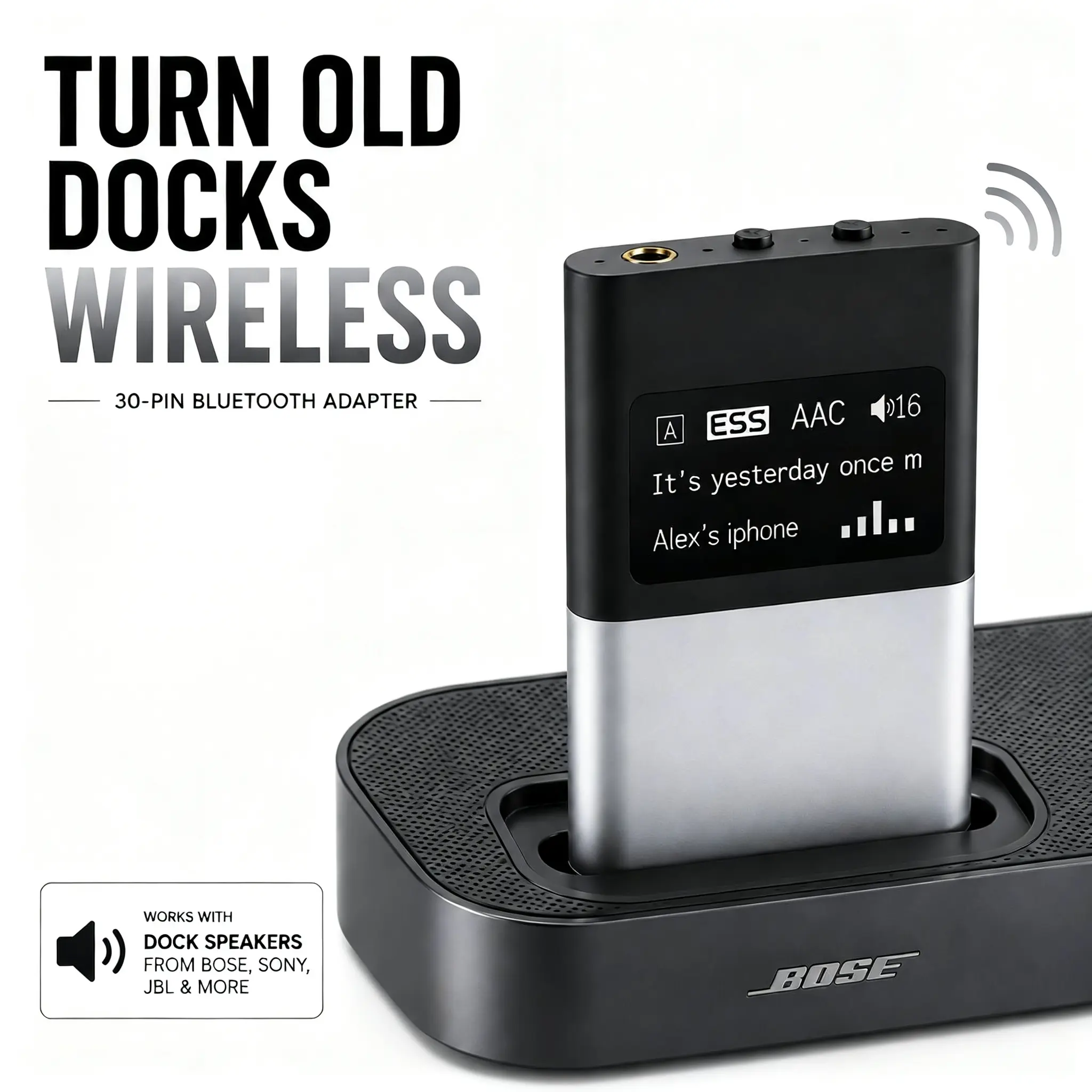 30 Pin Bluetooth 5.0 Receiver, Professional DAC Hi-Fi Audio Adapter with OLED Display, Bluetooth Adapter for Old Speaker Dock Upgrade SummerVibes