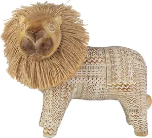 Tribal Lion Statue with Raffia Mane - 10" Boho Resin Animal Sculpture with Intricate Carved Patterns, Modern Safari African Figurine for Living Room Console Table & Shelf Decor