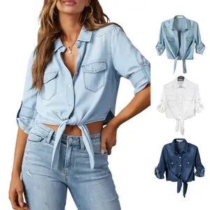 Tanming Women's 3/4 Sleeve Denim Tie Knot Crop Top | Y2K Western Button Down Shirt for Summer Outfits