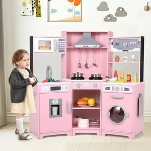 Wooden Pretend Corner Play Kitchen for Kids, Large Toodler Cooking Playset w/Washer, Range Hood w/Light & Sound, Stove, Ice Maker, Cutting Board, Coffee Maker, Sink