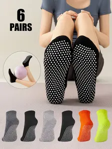 Women's Anti-Slip Yoga Socks, 6 Pairs Soft Plain Color Floor Socks, Casual Loose-Fitting Home Sport Socks for Fall & Winter