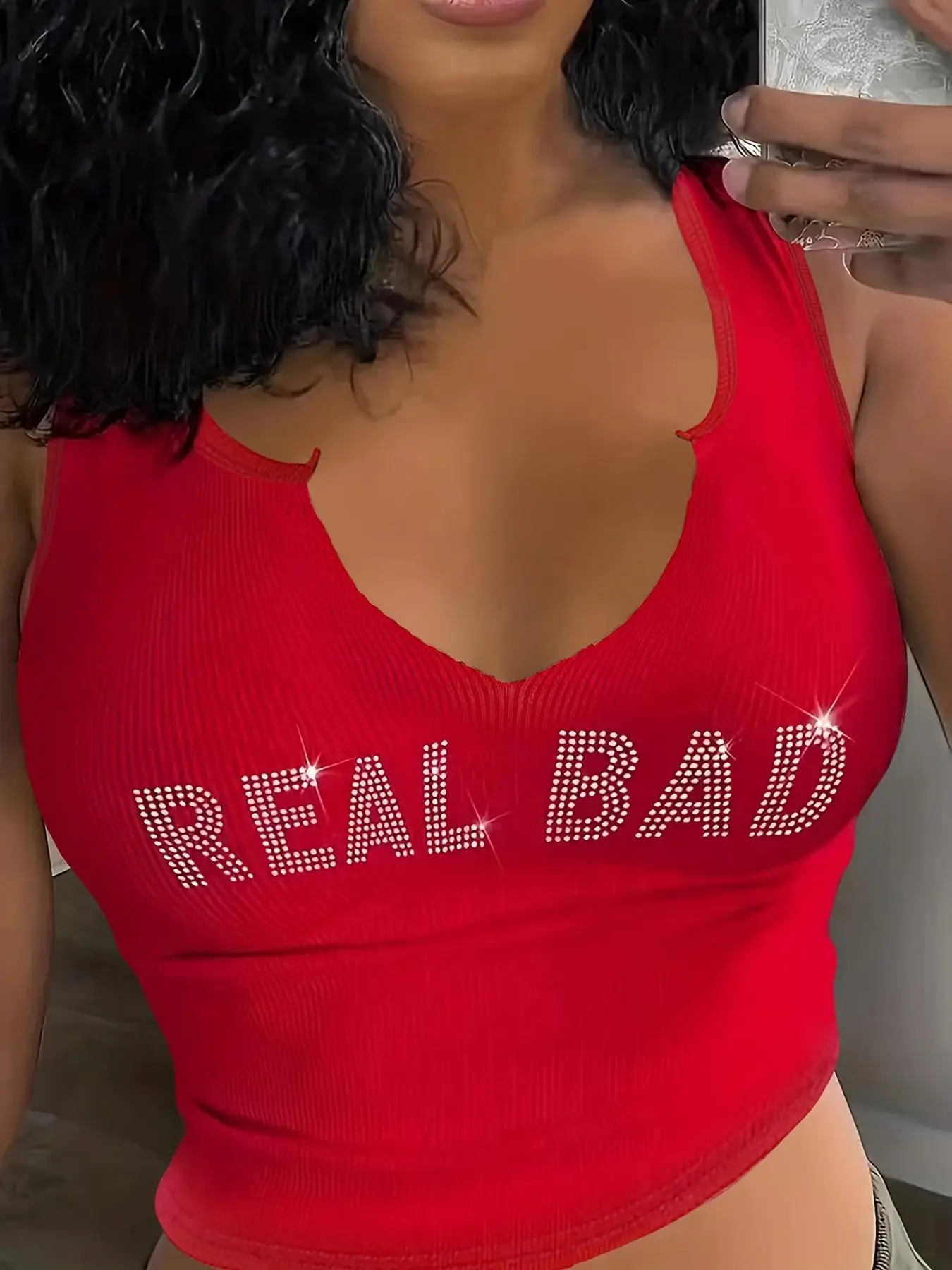 Women's Rhinestone " Real Bad" Letter Decor Notched Neck Crop Tank Top, Girly Clothes, Summer Clothes Women, Casual 2000s Y2k Skinny Streetwear Sleeve