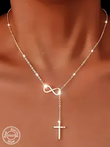 S925 Sterling Silver Infinity Symbol Cross Necklace, Unisex Fashion Jewelry, Perfect for Parties & Festivals, Unique Design