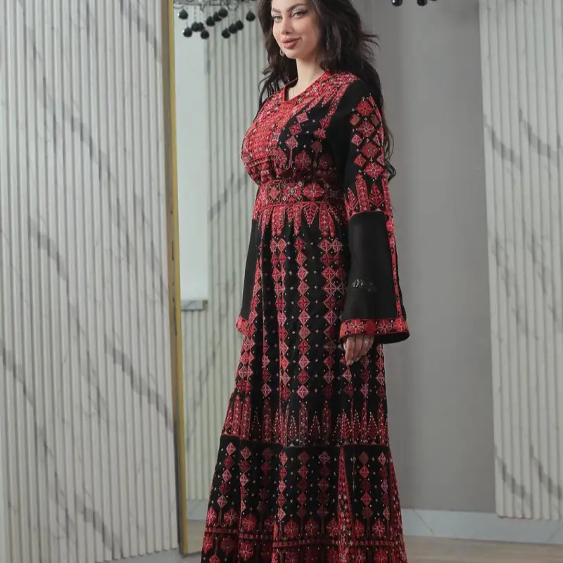 Kaftan chiffon full embroidered 3 p elegant for occasion black &red with stone قفطان تطريز ٣قطع شيفون مطرز مع ستراس