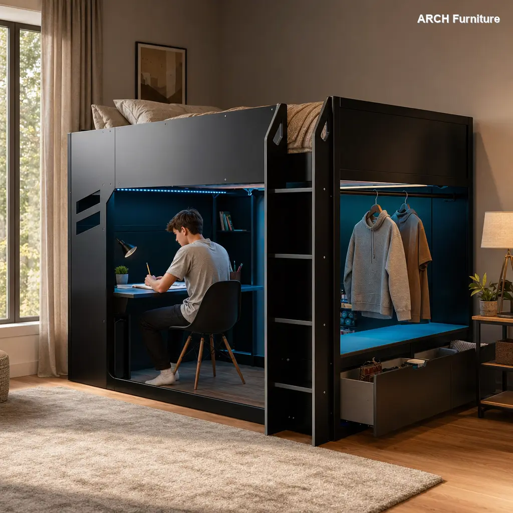 Esports Style Full-Size Wood Loft Bed for Kids - Apartment Children's Furniture with Height-Adjustable Desk, Dual Drawers, Headboard Storage, Clothes Hanging Rod, RGB Lights (Blue, OLD SKU:LT000288AAC) - Includes Assembly Tools, Esports Style Bed, Color C