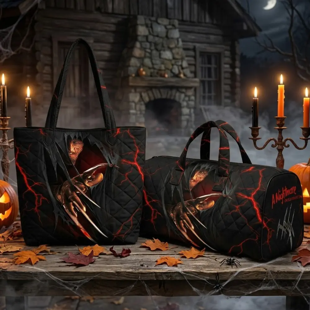 Freddy Krueger Quilted Tote Bag and Weekend Bag Set, A Nightmare on Elm Street Halloween Horror Design, Gift for Horror Movie Fans