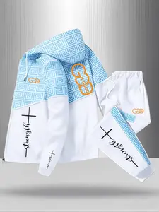 Two-piece set: A men's casual printed hooded zippered long-sleeved jacket paired with casual trousers, featuring a labyrinth pattern design. Suitable for both men and women, available in multiple colors. Perfect gift for various occasions.