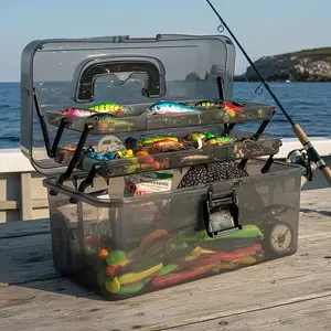 1 large capacity black transparent fishing gear storage box, durable PE material, with builtin safety lock, strong