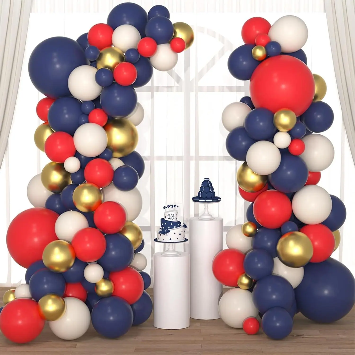 Navy Blue Red Gold White Balloon Arch Garland Kit, Dark Blue Red Navy Blue Gold Balloons Ivory Sand White Balloons For Baby Shower Patriotic Baseball Graduation Nautical Birthday Party Decorations