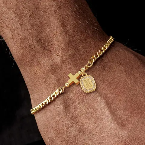 Men's Letter & Cross Design Letter Link Bracelet, Stainless Steel Jewelry for Party, Daily Clothing Decor, Trendy All-match & Exquisite Jewelry for Birthday Gift, Initial Letter Bracelets