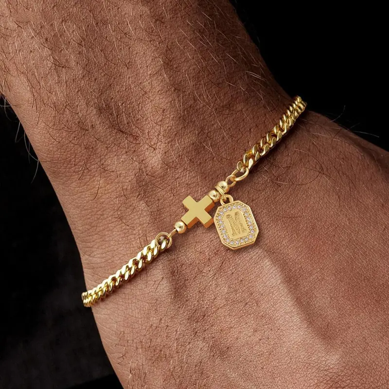 Men's Letter & Cross Design Letter Link Bracelet, Stainless Steel Jewelry for Party, Daily Clothing Decor, Trendy All-match & Exquisite Jewelry for Birthday Gift, Initial Letter Bracelets
