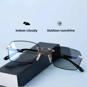 Photochromic reading glasses, blue and ultraviolet protection, lightweight semi frameless reader for indoor and outdoor use, soft silicone nose pad, comfortable glasses for middle-aged and elderly people