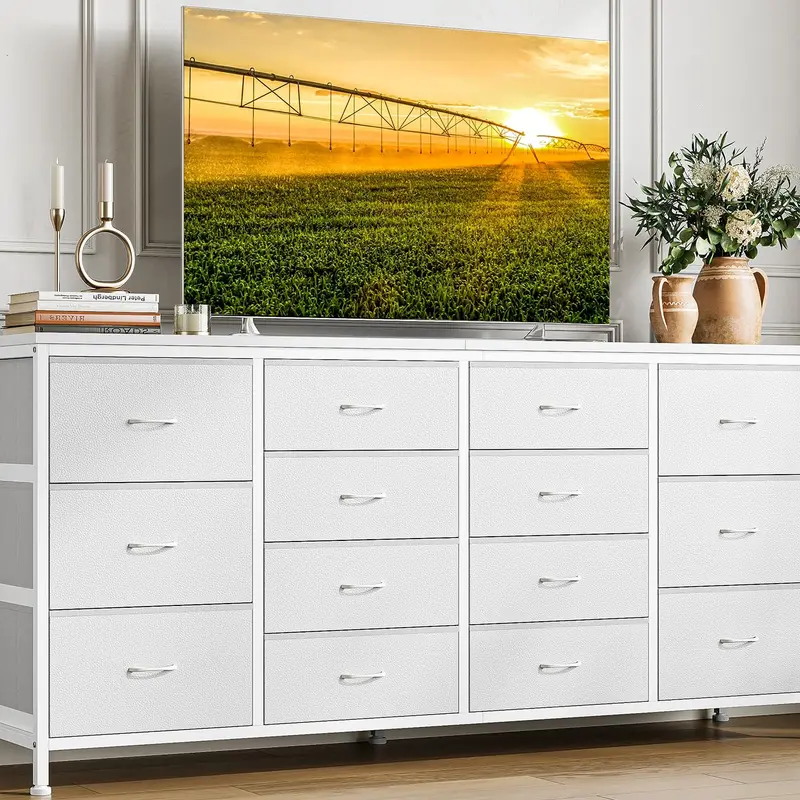 【Christmas Gift】White 63 inch White Wood Metal TV Stand with 14 Fabric Drawers and Power Outlet for Bedroom and Living Room, Anti-Tip Safety Kits, Tv+Bedroom Stand