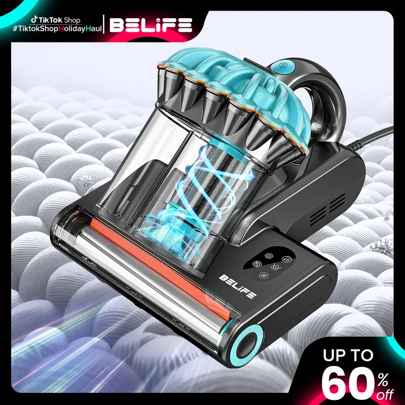 Belife M8 Handheld Mattress Dust Extractor Home Cleaning Machine - 550W, 18Kpa Suction, 140°F Heat Sanitize, Safe UV, Hot Air, Double-Cup, 0.5L, 120V Input Corded Deep Cleaner for Bed, Couch, 99.99% Allergen Deep Cleaning House Supplies