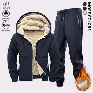 Men's fleece-lined casual set includes a full-zip hooded jacket and jogger pants, both featuring zipper pockets; simple solid-color cold-resistant warm outfit suitable for everyday home life, workouts, skiing, outdoor activities