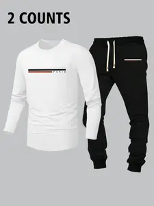 Men's Letter Graphic Long Sleeve Tee & Drawstring Waist Pants Loungewear Set, Men's 2 Piece Set, Casual Comfortable Round Neck Top & Trousers Pajamas Set, Matching Pajamas, Men's Sleepwear for Fall & Winter