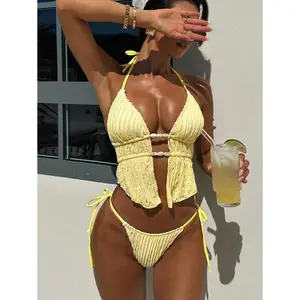 Women'sSummerSolidJacquardFabricStrappyBacklessTriangleDrawstringHalterSexyCuteGirlBeachBikiniSet,LadiesSeparateSwimsuit