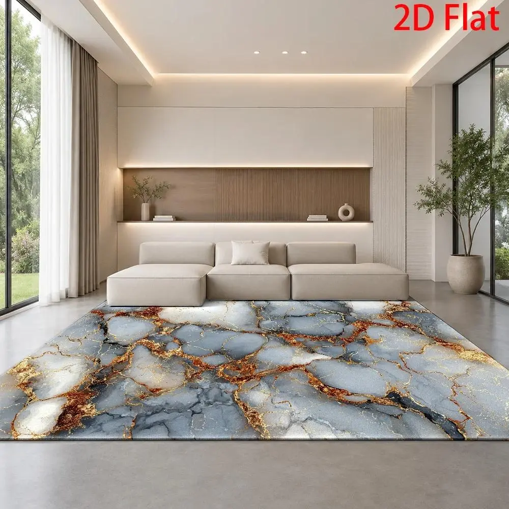 Luxury Large Marble Floor Rug Suitable for Living Room - Oversized Rectangular Golden Vein Marble Pattern, Soft Touch Gray White Suitable for / Use, Machine Washable & Reusable, Suitable for Office, Durable Modern Home Decor, 2D Flat