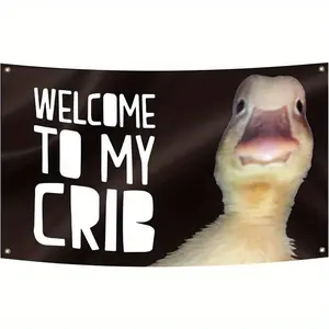Welcome to My Crib" Funny Duck-Themed Flag - 3*5ft Black Fabric Banner with Grommets for College Dorms, Bedrooms & Outdoor Decor, Indoor Wall Art, Bedroom Wall Art | Flag with Grommets | Easy Hang Feature