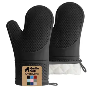 Grip Oven Mitts - Free Soft Silicone Heat Resistant & Waterproof Cooking Safety Gloves with Thick Cotton Lining Flexible Gripping Kitchen Potholders Set for Grilling BBQ 12.5x8.3 Black - Cover, Bakeware
