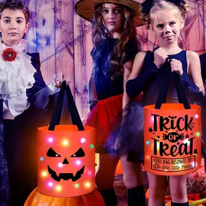 Halloween Trick or Treat Bags Candy Bucket Basket Decoration, Light Up Ghost Sweet Bags Multipurpose Reusable Goody Buckets for 2025 Halloween Party Decor Supplies Favors Gifts 1 Pack