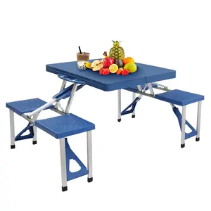 Folding Camping Table and Chair Set, One Piece Aluminum Alloy Portable Picnic Table with Seats for Outdoor Travel