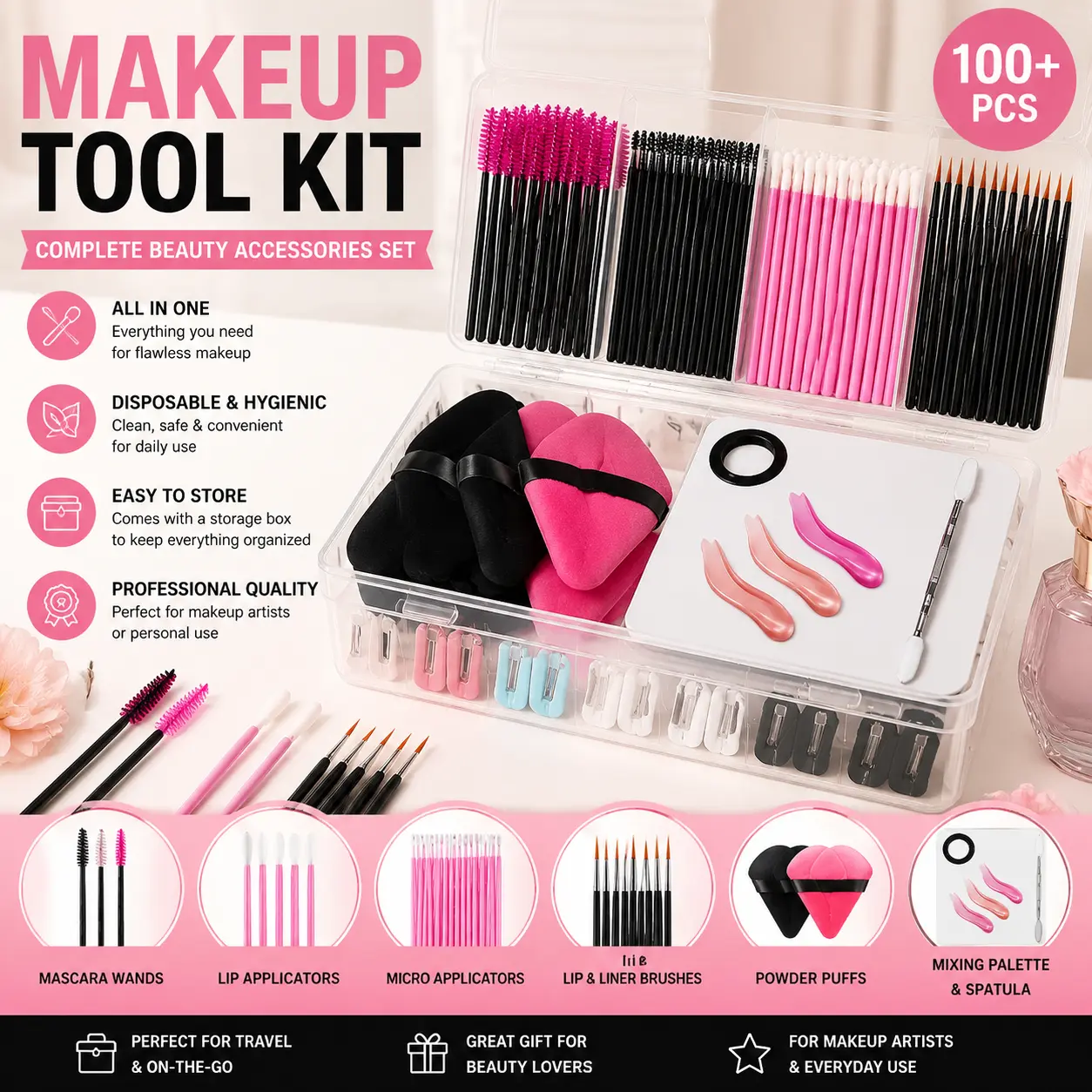 Complete Makeup Tool Kit with Storage Box, Beauty Applicator Set with Mascara Wands, Lip Brushes, Powder Puffs and Mixing Palette