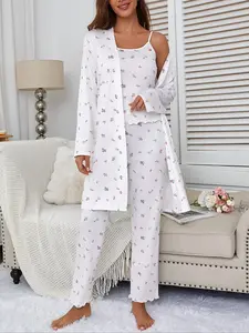 Women's Floral Print Robe Set with Spaghetti Strap Pants, Comfortable Casual Home Wear, All-Season Fitted Sleepwear Collection, Loungewear