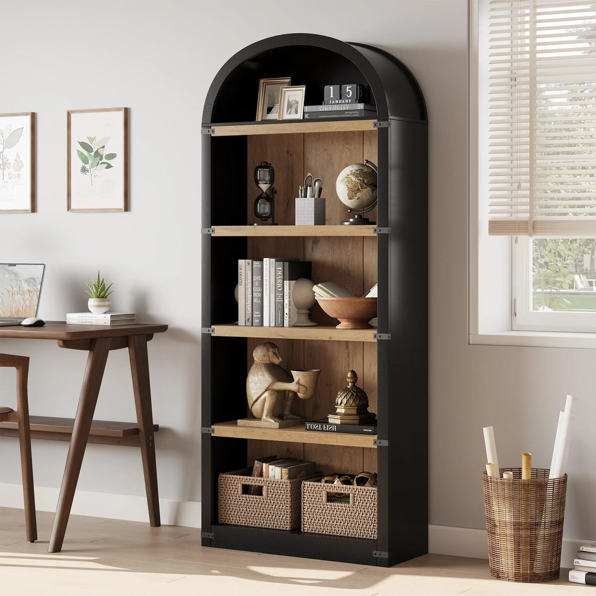 Garvee 5-Tier 71.65" Tall Arched Farmhouse Wooden Bookcase - Modern Black Wood Grain, Metal Corner Protection, Display Storage Shelf for Living Room, Office & Bedroom