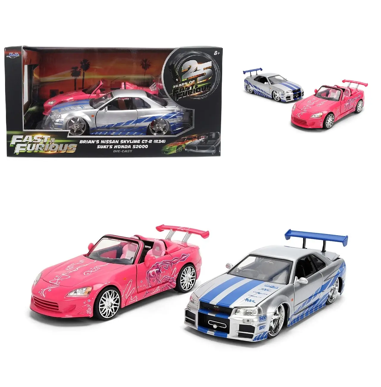 Jada 1:24 Fast & Furious BRIAN's Nissan Skyline GT-R & SUKI's Honda S2000 Twin Pack Diecast Model 37543-P13