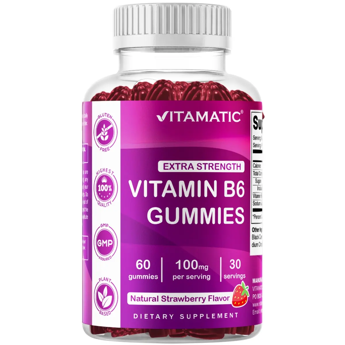 Vitamatic Chewable Vitamin B6 Dietary Supplement 100mg Gummies - Natural Strawberry Flavor, 60 Pieces, GMO-Free, Energy Support for Adults