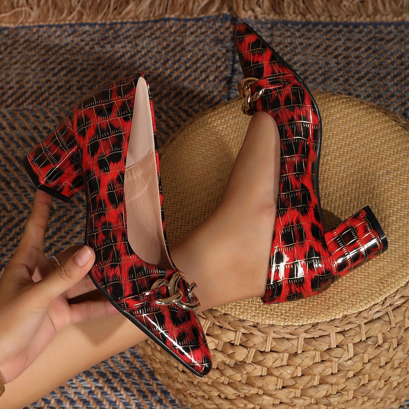 Women's Fashion Leopard Pattern Classic High Heels, Fashion Chain Decor Pointed Toe Shoes, Stylish Party Heels, Sexy Evening Fashion Shoes, for Weddings, Dinners, Parties Heels