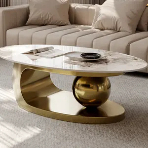 51-inch Modern Oval Stone Top Coffee Table with Stainless Steel Base