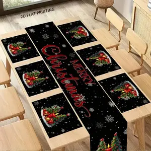 2D flat printing, 1 piece/4 pieces/6 pieces/5 pieces set/7 pieces set, Christmas tree candle snowflake pattern table flag, Table Runner and matching placemat set - elegant red holiday decoration, gold embellishment, Christmas table decoration